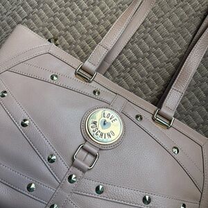 Love Moschino Large Studded Leather Tote Bag Pebbled Leather w Silver Hardware